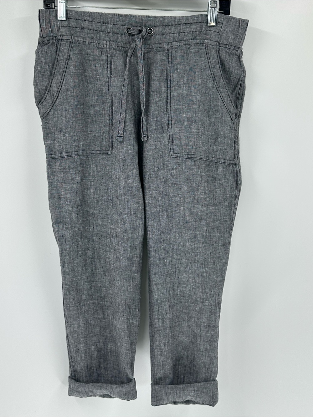 Athleta Linen Gray Drawstring Linen Cropped Pants Front Pockets Preppy - Picture 2 of 12